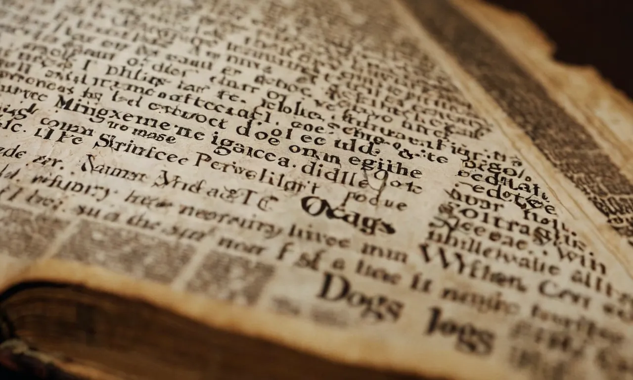 A close-up photo capturing a worn Bible page with the verse references mentioning dogs, revealing the significance of these mentions in biblical scriptures.