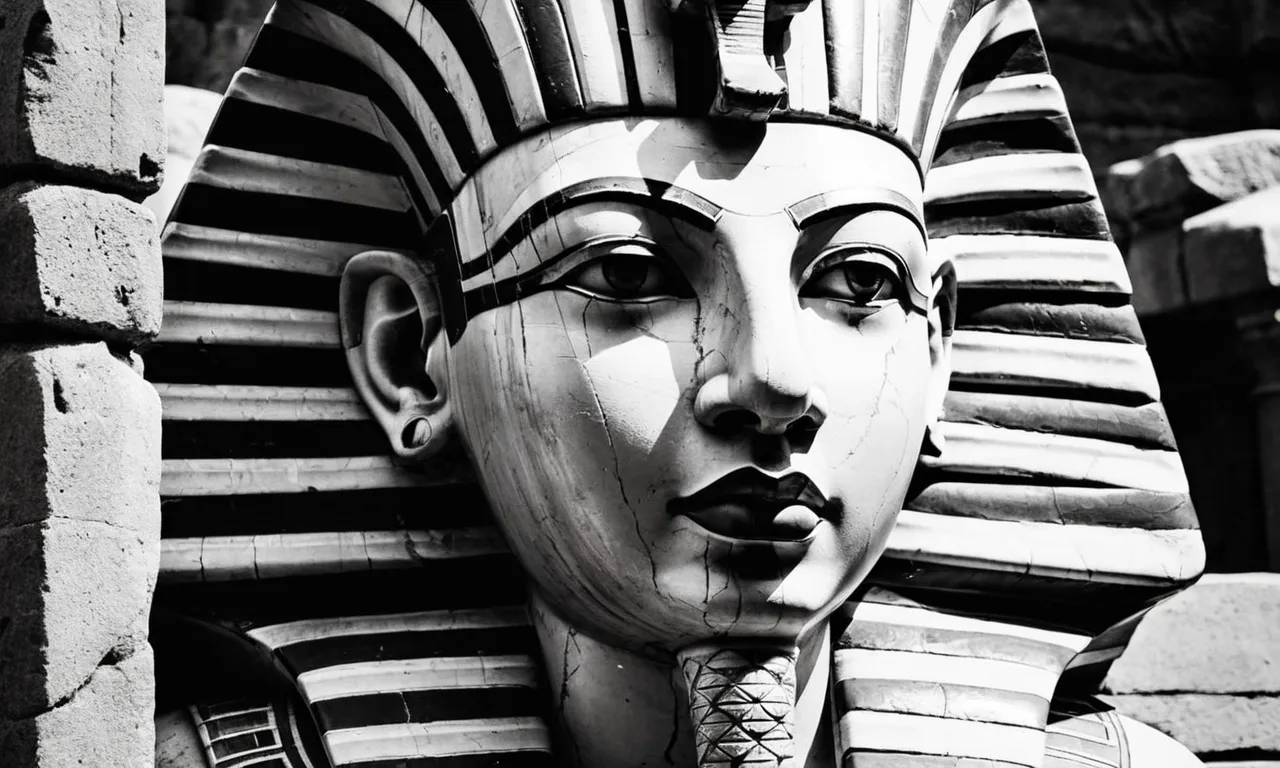 A black and white close-up of a weathered stone sculpture depicting a stern pharaoh's face, evoking the mystery and contemplation of how many times God hardened his heart.