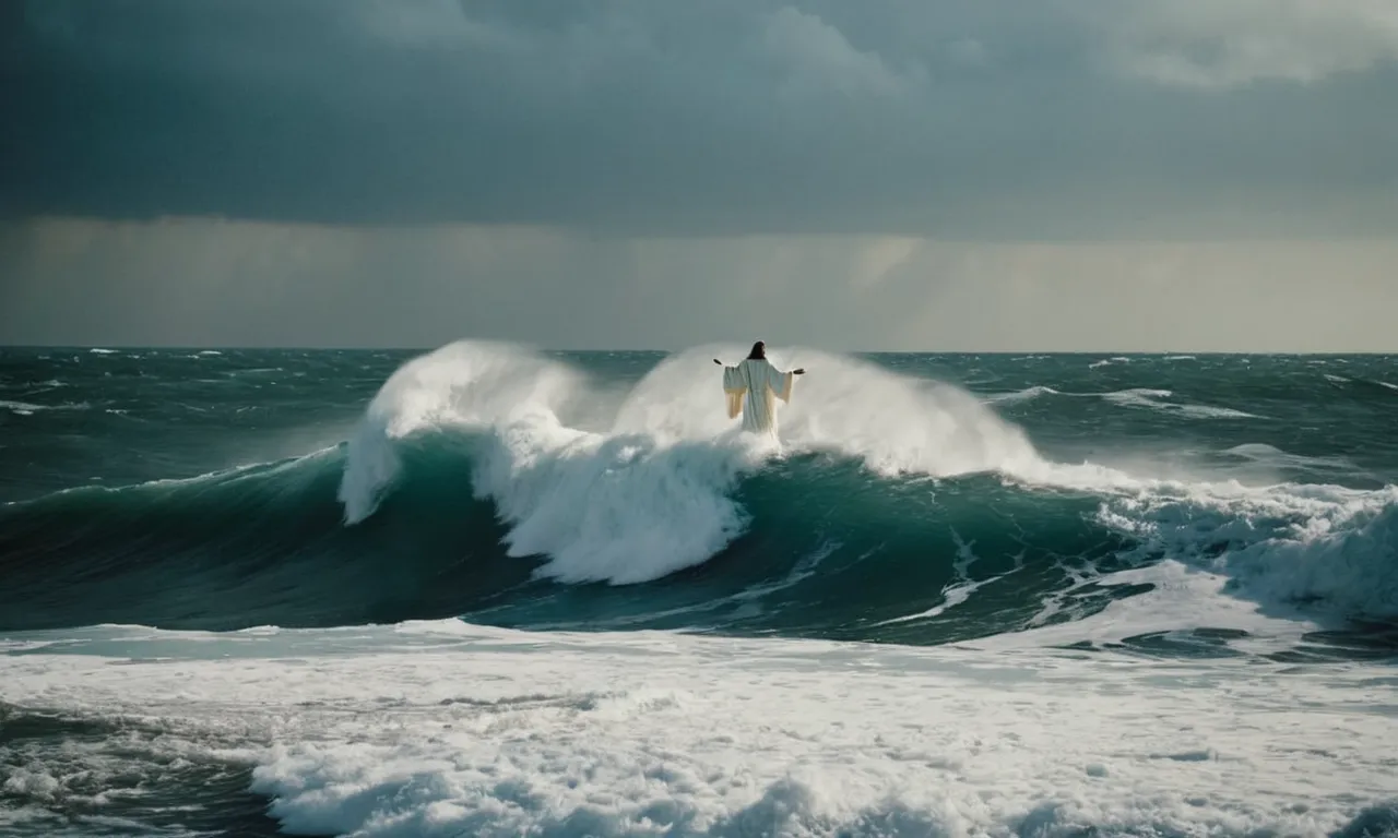 A powerful image captures a serene Jesus standing on a tempestuous sea, with waves frozen mid-air, symbolizing the numerous times he calmed stormy waters with his divine presence.