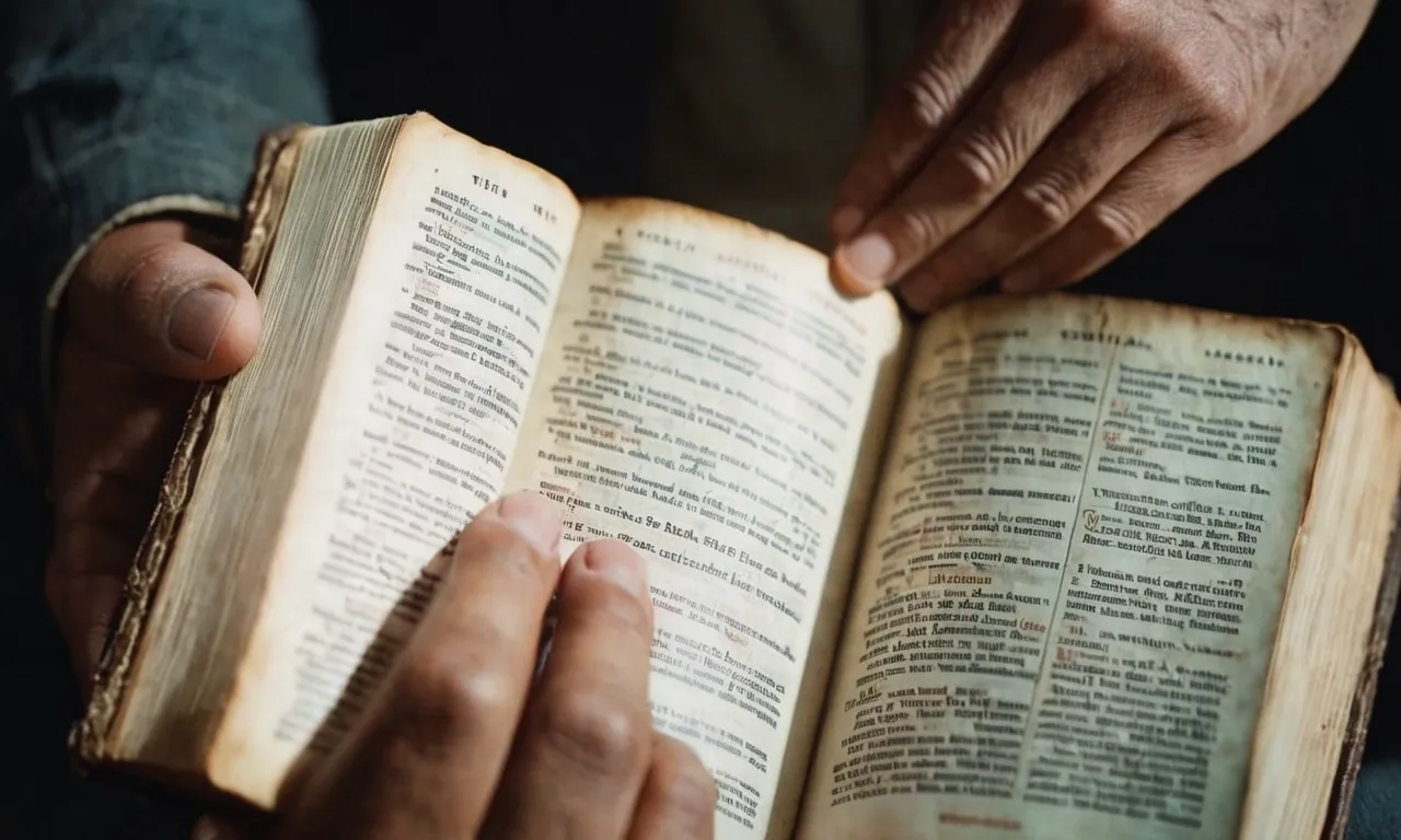 A close-up shot of hands holding a worn-out Bible, emphasizing the passage about Jesus healing on the Sabbath, illustrating the tension between religious laws and acts of compassion.