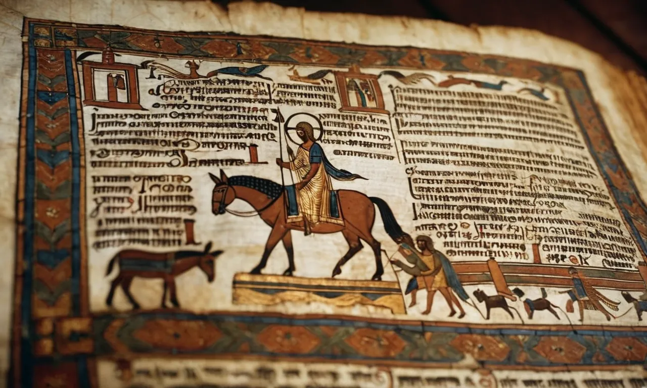 A close-up shot of an ancient, weathered page of a biblical manuscript, highlighting the verses mentioning donkeys, capturing the significance of these humble creatures in biblical narratives.