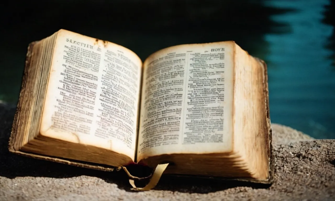 A close-up photo of a worn-out Bible, with highlighted verses on baptism, symbolizing the significance of this sacrament and its numerous mentions in scripture.