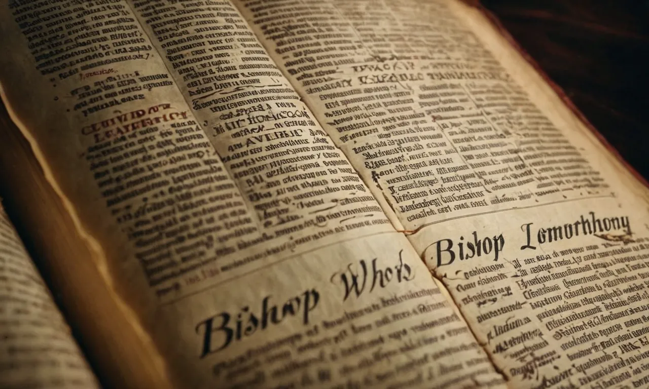 A close-up shot of a worn-out Bible page, showcasing the highlighted mentions of the word "bishop" along with faded notes and underlines, capturing the essence of biblical study and exploration.