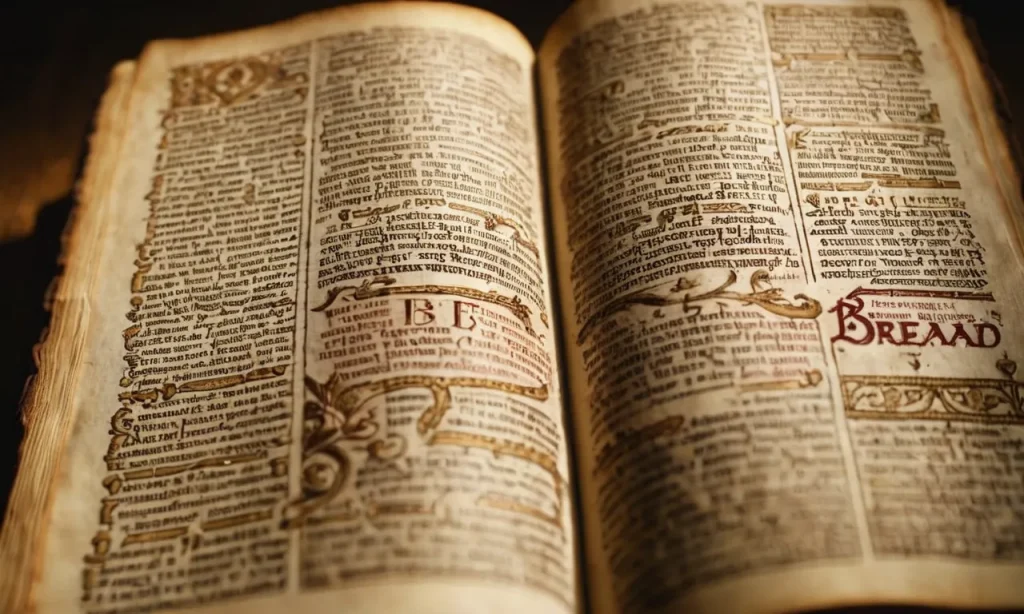 A close-up shot of an ancient Bible page, showcasing the highlighted verses mentioning bread, capturing the essence of its significance in religious texts.