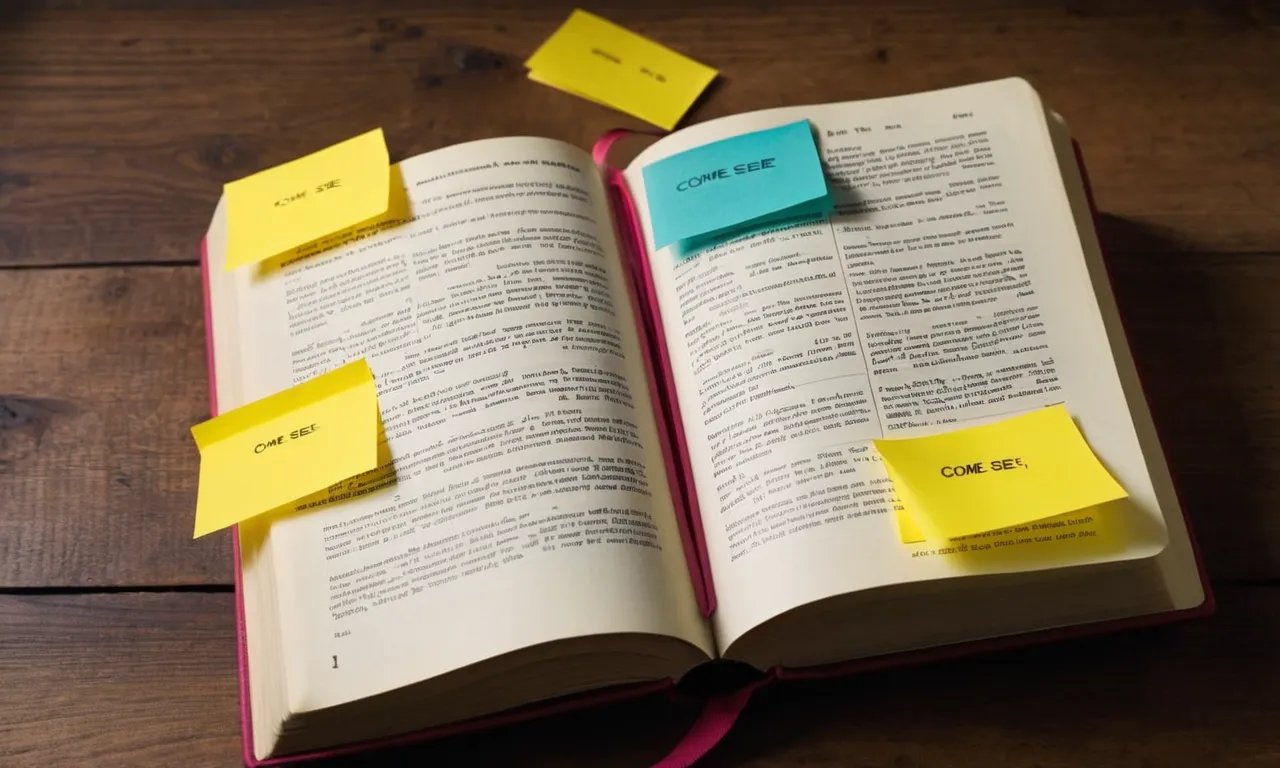 A photo showcasing an open Bible, highlighted with vibrant post-it notes, emphasizing the phrase "come and see" multiple times throughout its pages.
