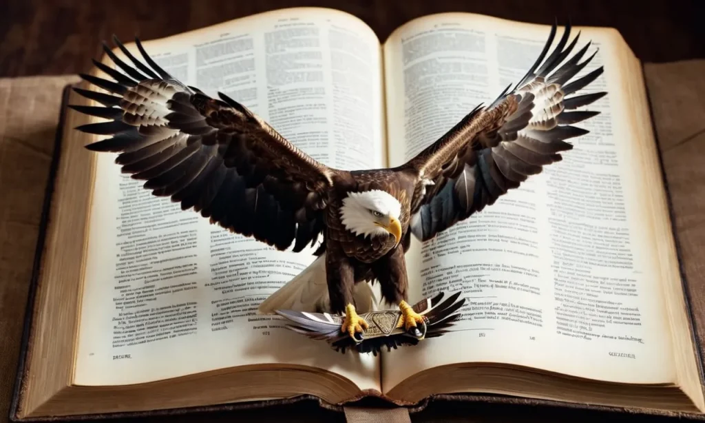A stunning photograph captures an open Bible, pages filled with references to eagles, surrounded by majestic eagle feathers delicately arranged as a symbol of the bird's prominent presence throughout the scriptures.