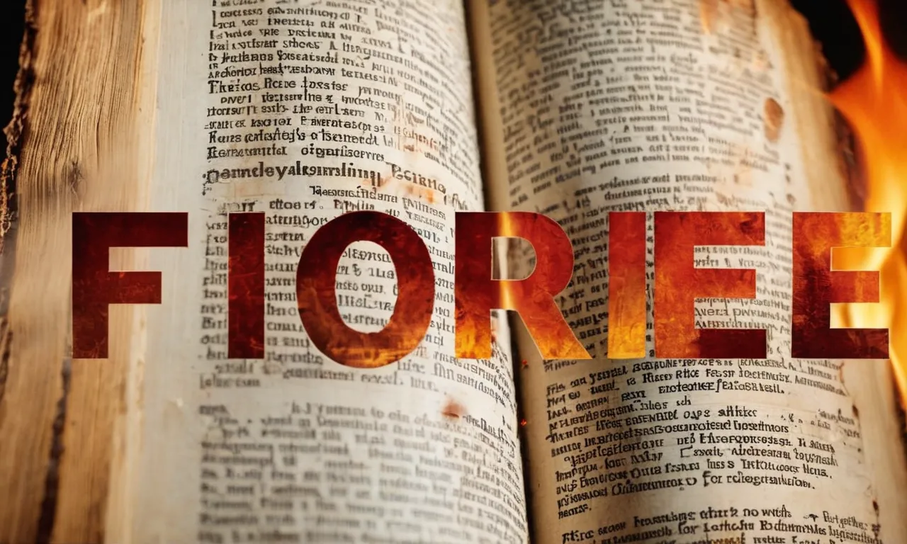 A close-up photo of a worn-out Bible page, highlighting the word "fire" in bold, with aged edges and faded ink, capturing the significance of fire in biblical references.