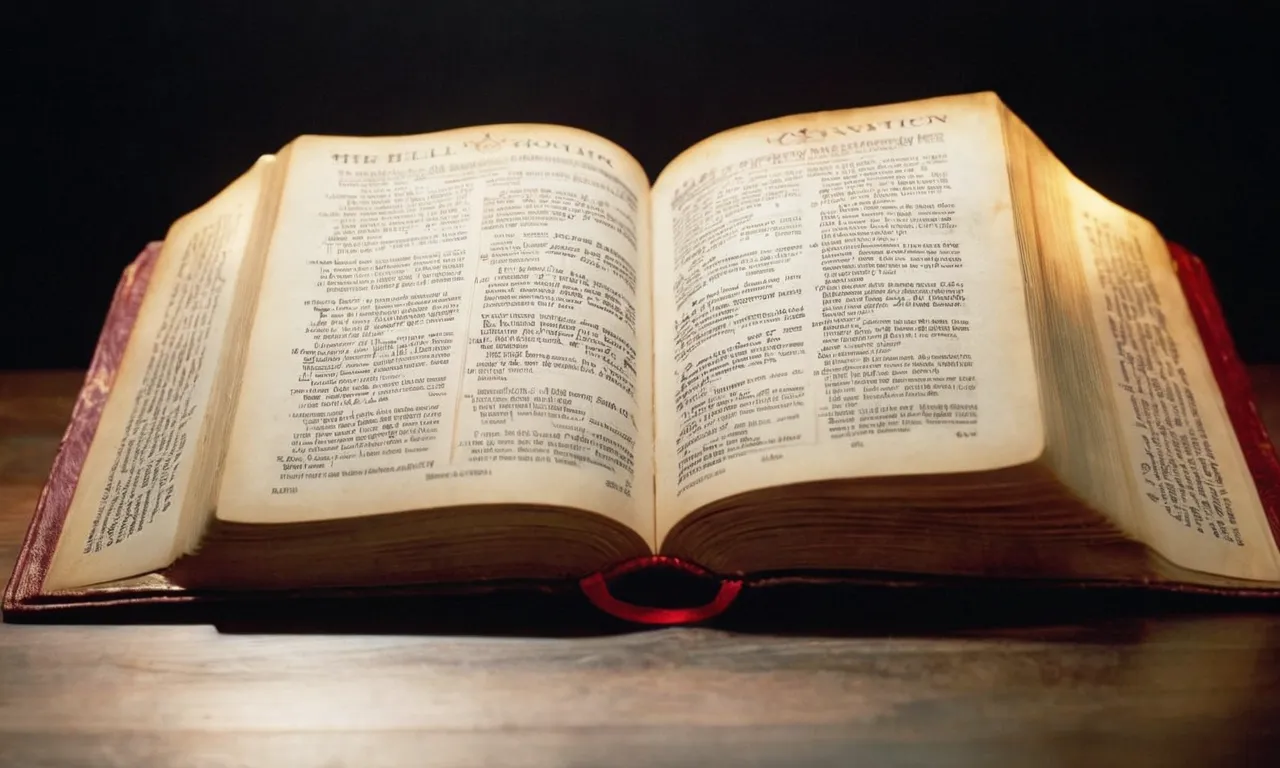 A Bible open to the book of Revelation, revealing a page filled with highlighted references to "hell," juxtaposed against a dimly lit background, symbolizing the weight and significance of the topic.