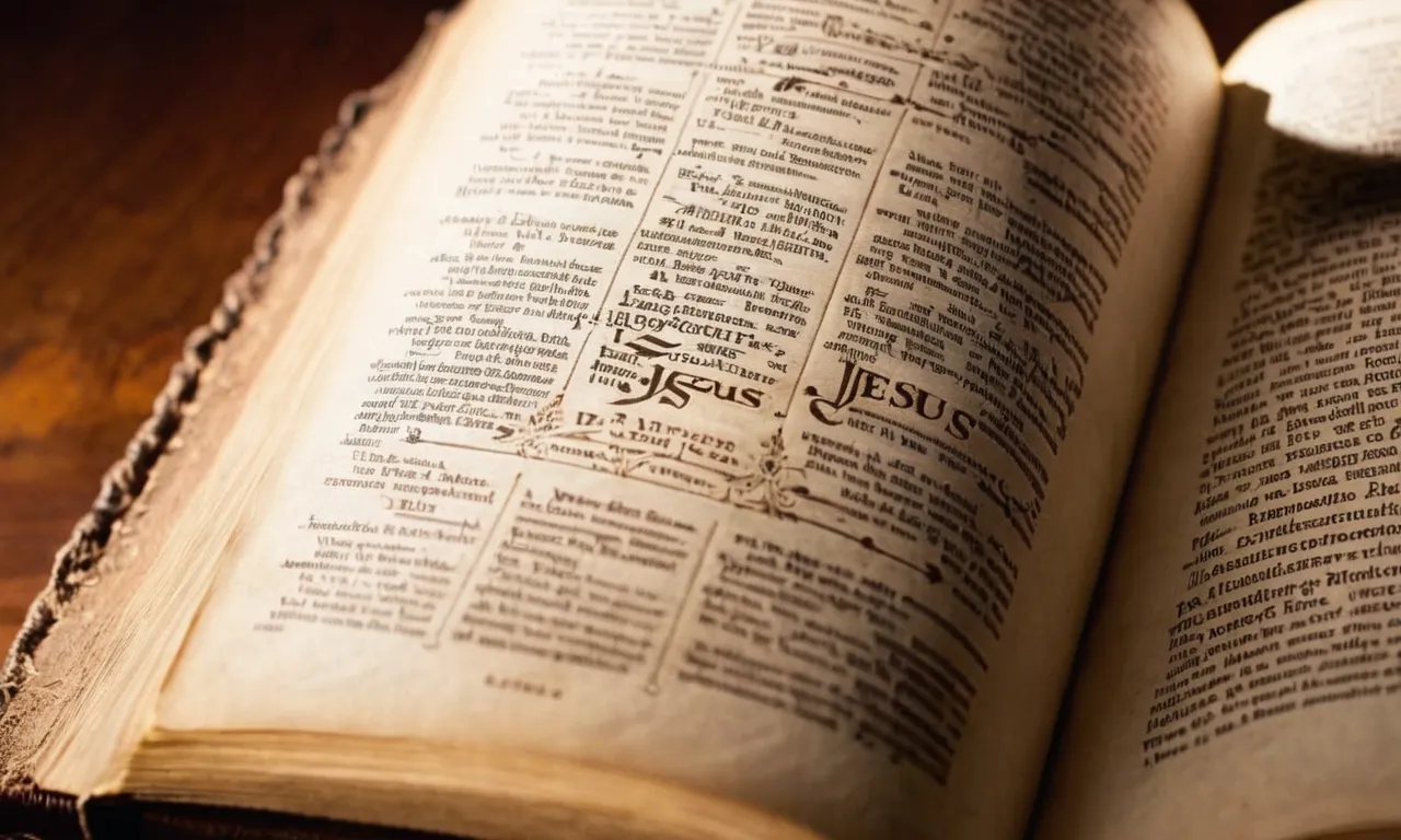 A close-up photograph of an open Bible revealing the Old Testament pages, with the words "Jesus" highlighted numerous times amidst the ancient text.