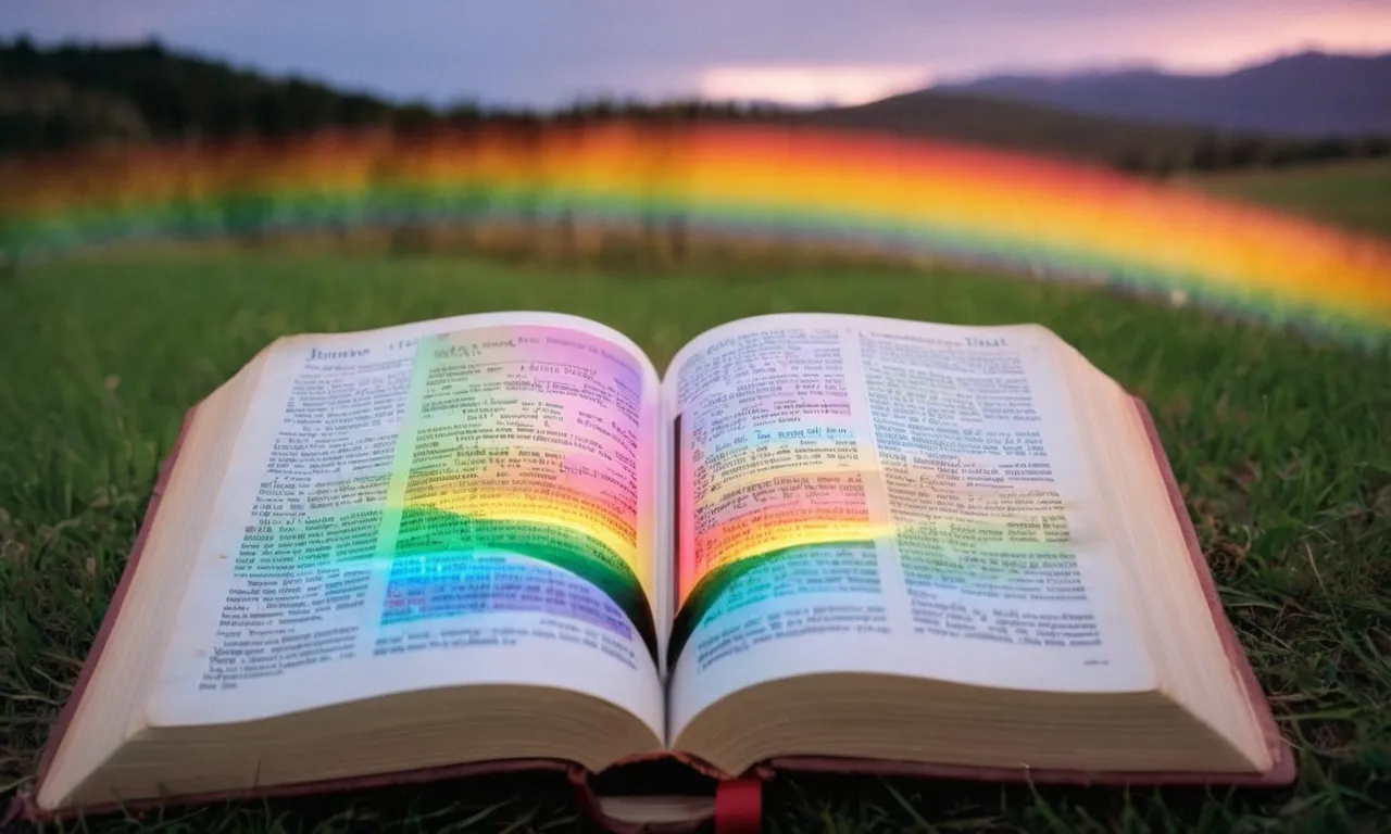 A vibrant photograph featuring an open Bible with the word "rainbow" highlighted, symbolizing the curiosity and search for knowledge about the frequency of rainbow mentions in biblical text.