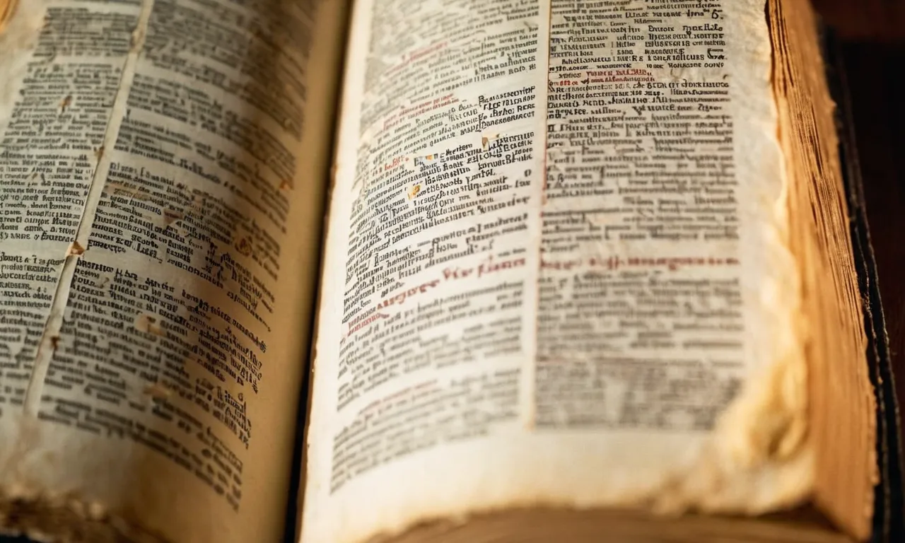 A close-up shot of a weathered, open Bible, with pages slightly wrinkled and worn, revealing highlighted verses mentioning wine, symbolizing its significant presence throughout biblical literature.