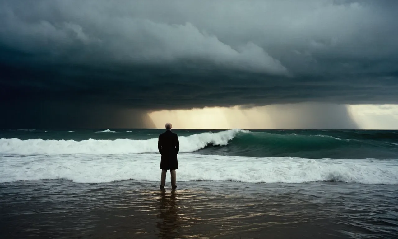 A solitary figure standing at the edge of a stormy ocean, their back turned towards the crashing waves, symbolizing the eternal forgiveness and grace of God towards those who stray.