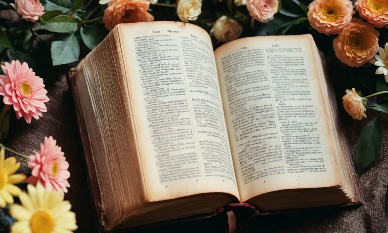 A photo capturing a worn Bible open to the page of Genesis, revealing the story of Jacob, surrounded by beautiful flowers symbolizing his wives, with a soft light illuminating the scene.