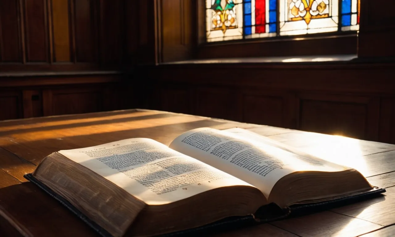 A photo of an open Bible, beautifully illuminated by sunlight streaming through stained glass windows, capturing the essence of its profound wisdom in a single frame.