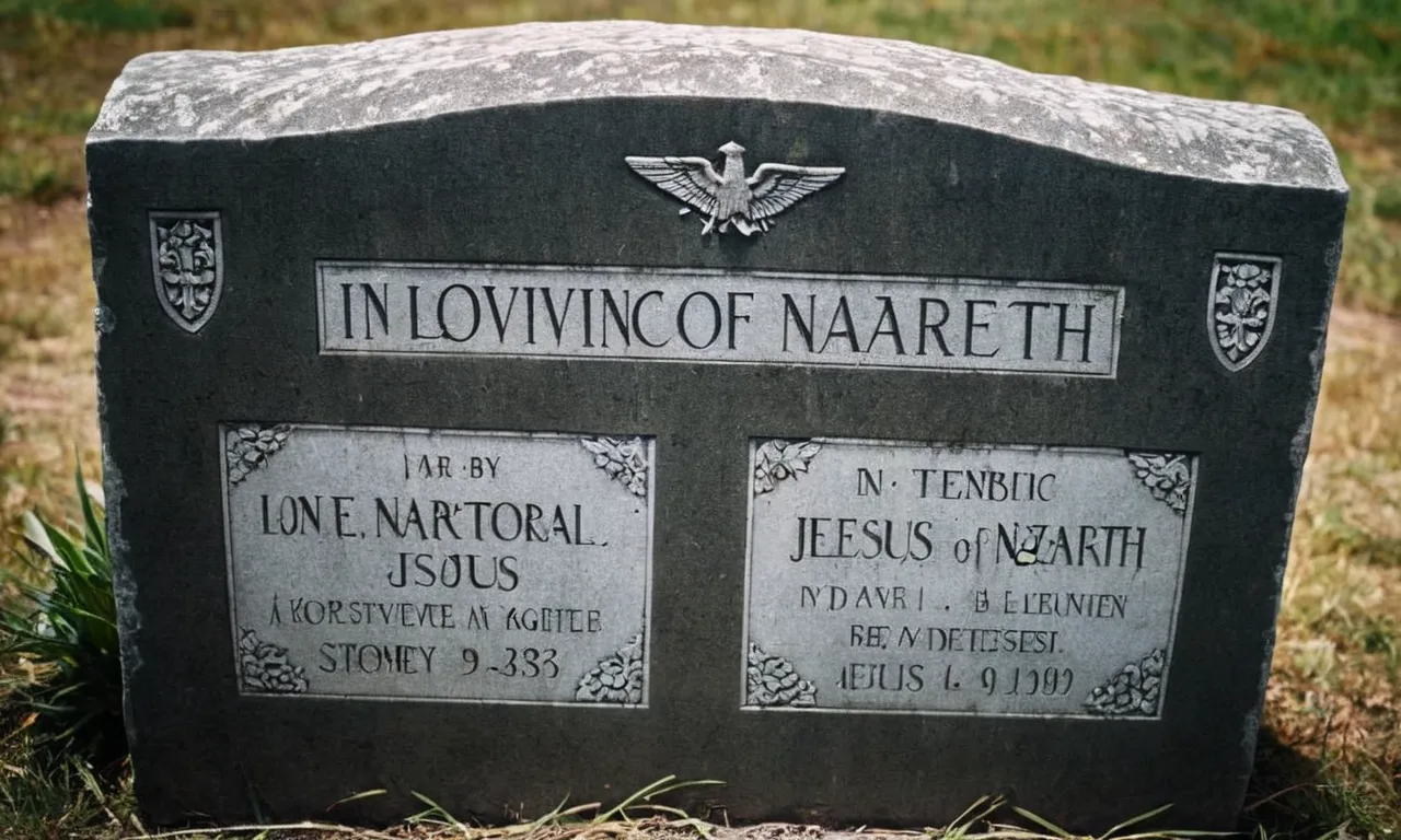 A close-up shot of an ancient, weathered tombstone bearing the inscription "In Loving Memory: Jesus of Nazareth, Died X Years Ago."