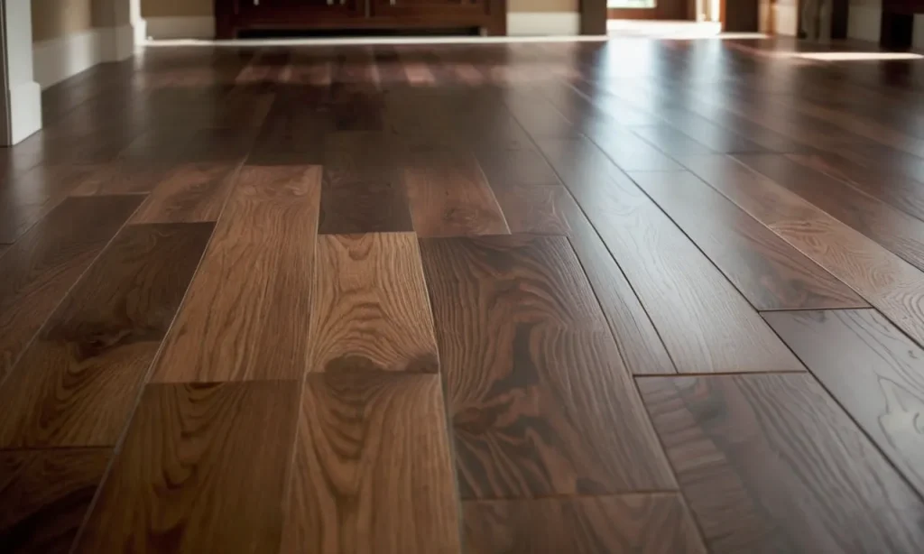 A close-up photo of a beautifully installed laminate flooring, showcasing its smooth texture, natural wood-like appearance, and flawless finish, capturing the essence of Empire's expertise and craftsmanship.