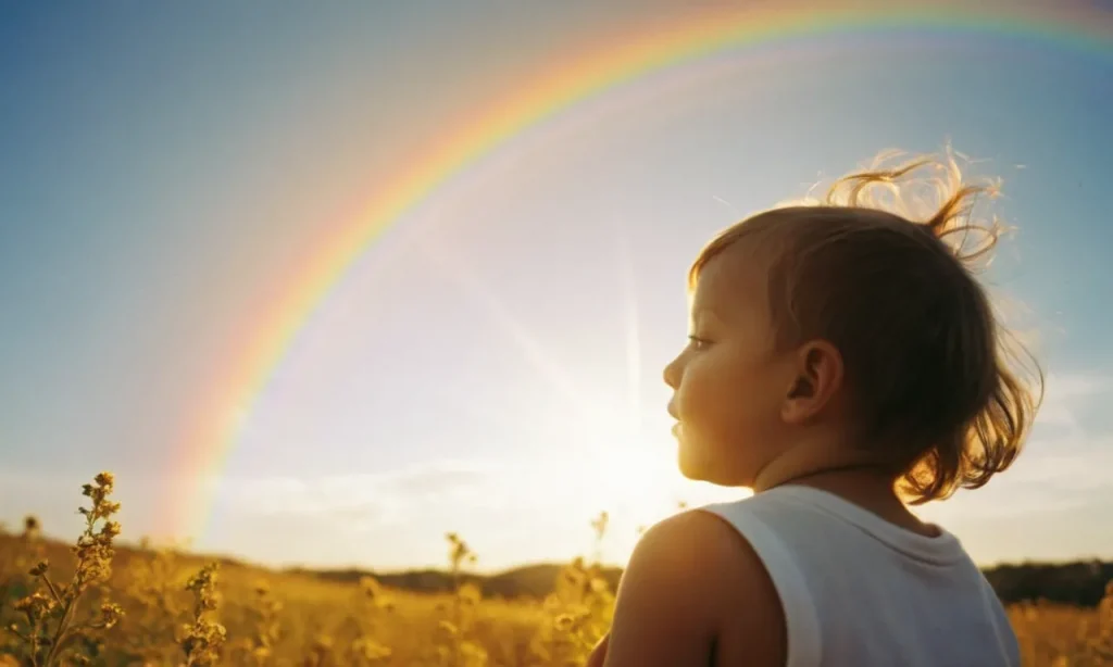 A captivating photo, bathed in golden sunlight, captures a young child embracing a radiant rainbow, symbolizing God's infinite love and unfathomable affection for humanity.