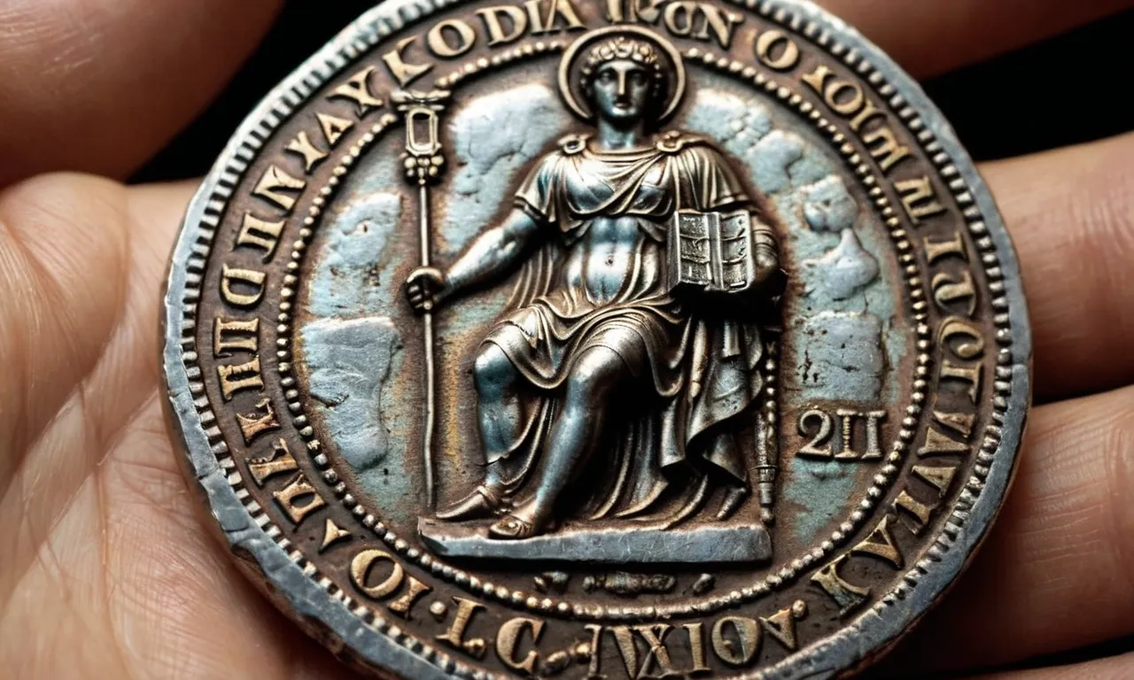 A close-up photo of an ancient Roman coin, showcasing the intricate details and inscriptions, symbolizing the value of 2 denarii mentioned in the Bible.