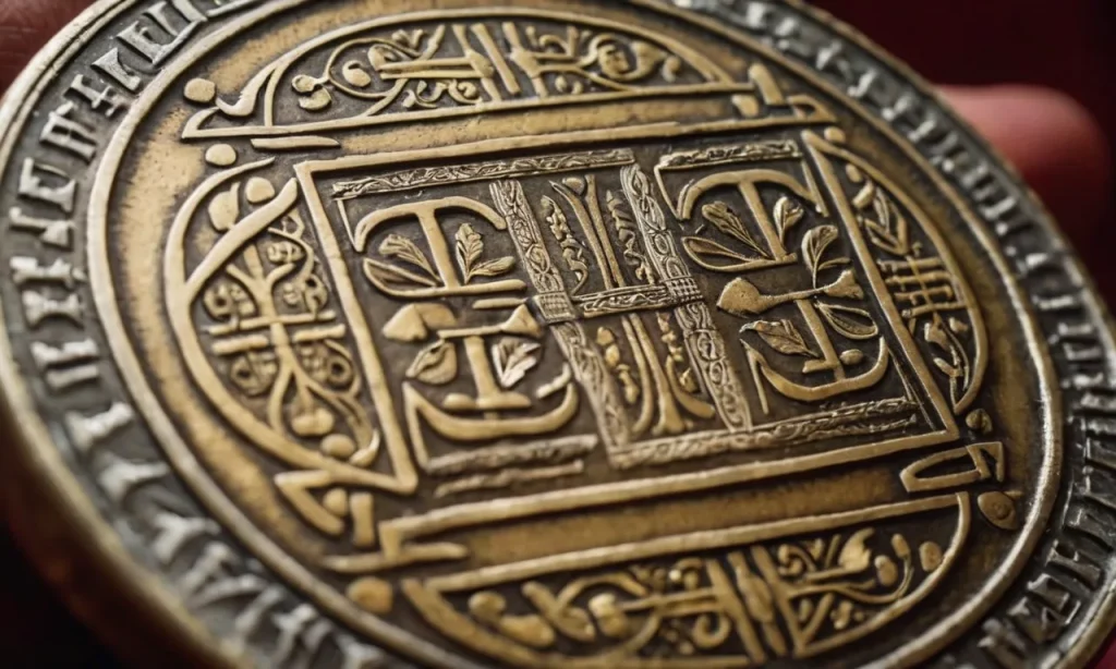 A close-up shot of an ancient shekel coin from biblical times, showcasing intricate engravings and worn edges, symbolizing its historical significance and value.