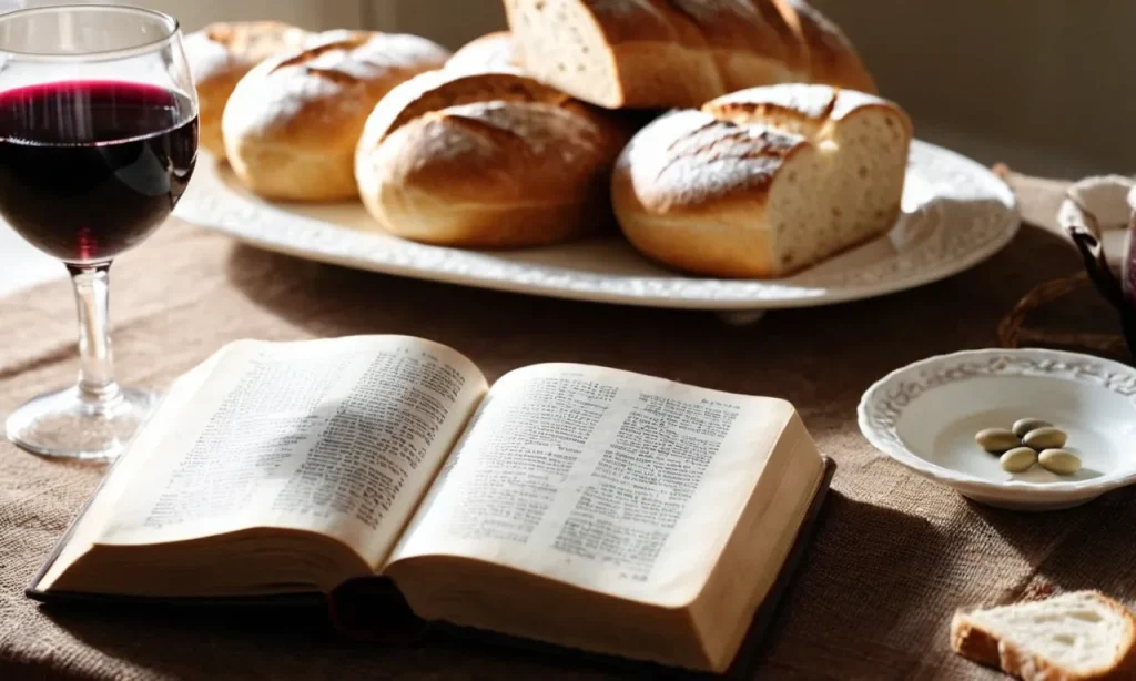 A close-up photo capturing a Bible open to the verse about communion, surrounded by a collection of consecrated bread and wine, symbolizing the significance and frequency of partaking in communion as guided by the Scriptures.