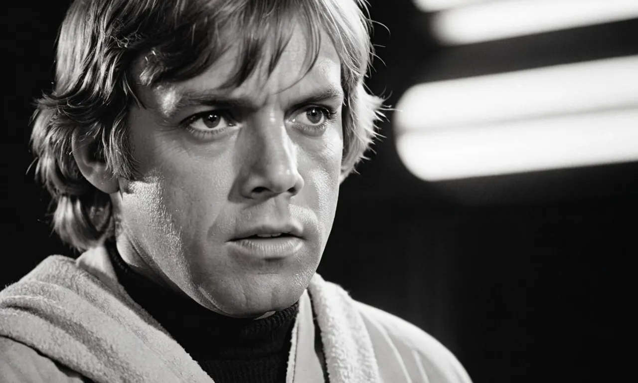 A black and white photo capturing a close-up of Luke Skywalker's face, revealing the determination and wisdom etched in his eyes, hinting at the trials he has faced in "The Empire Strikes Back."