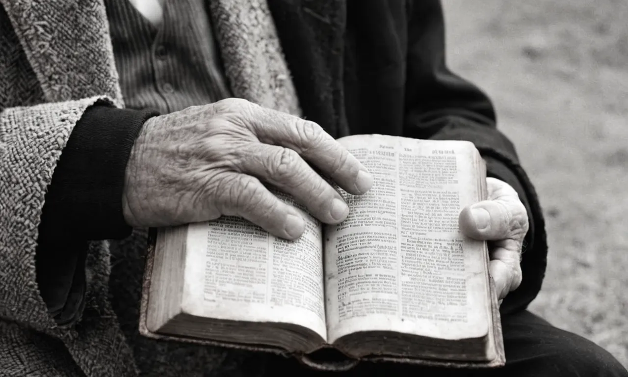 A black and white image of a weathered hand clutching a worn Bible, capturing the wisdom and faith of an elderly man, symbolizing Abraham's age when God called him.