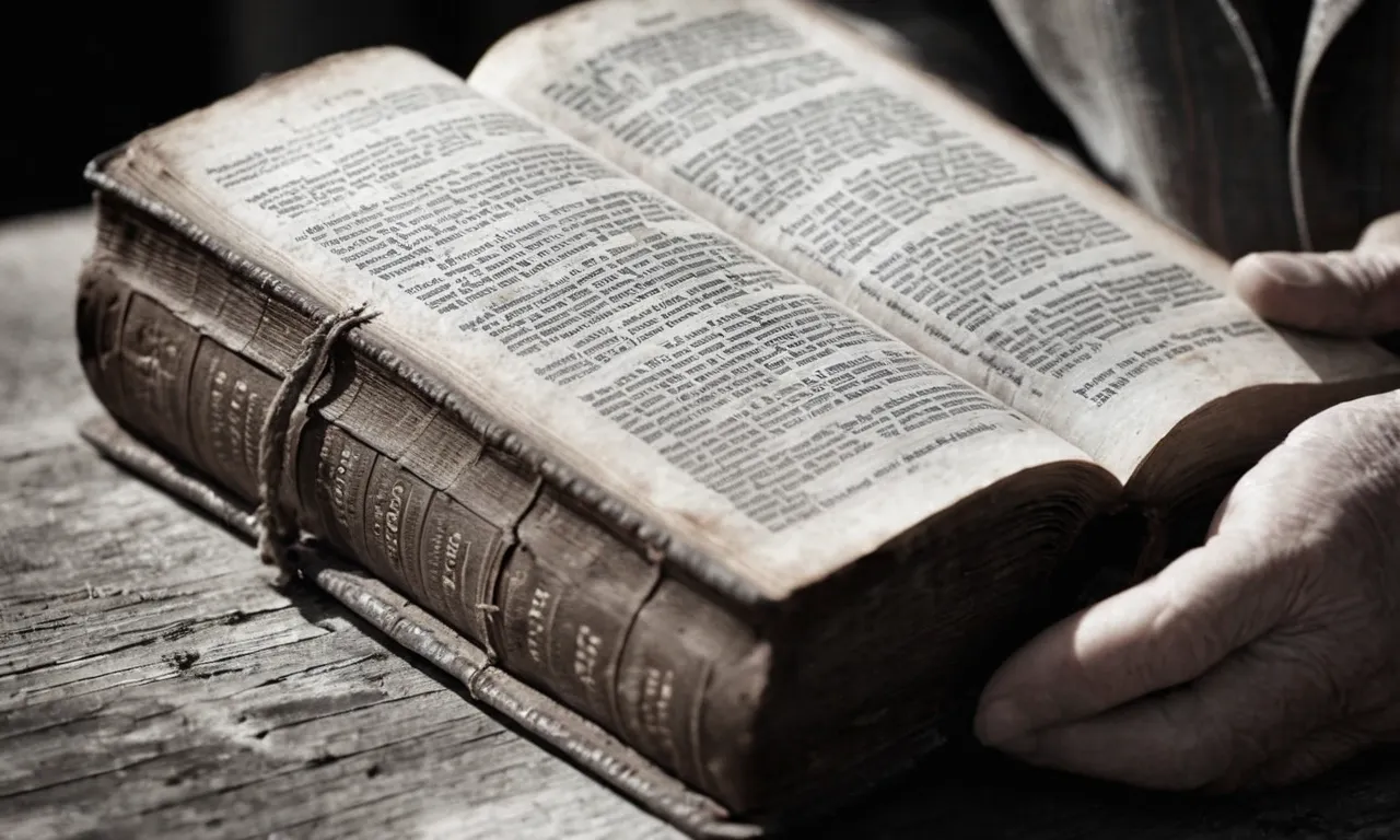 A solemn black and white close-up of a weathered hand holding a worn Bible, emphasizing the passage that reveals Mary's age when Jesus died.