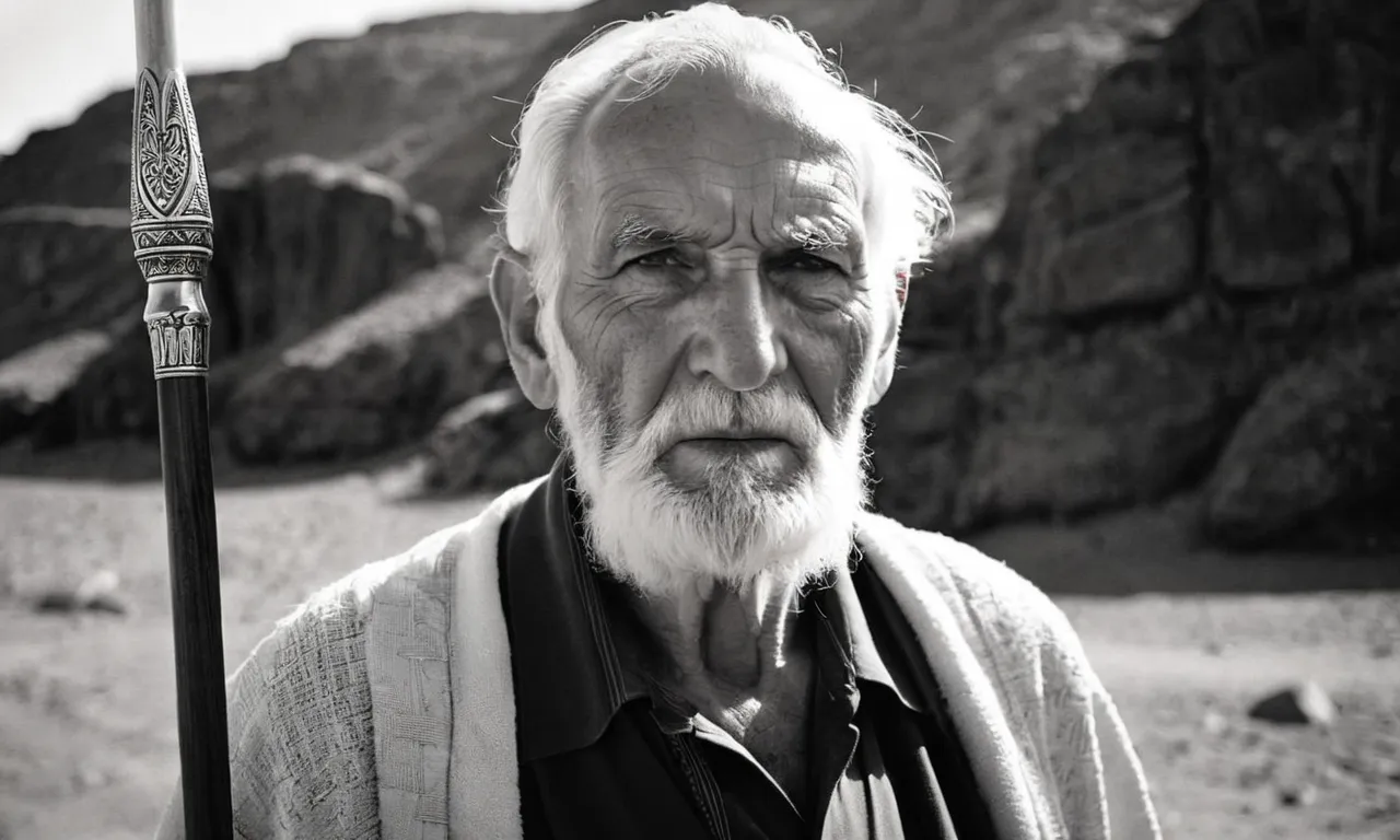 A captivating black and white portrait of an elderly man, his weathered face reflecting wisdom and experience, as he holds a staff, symbolizing the iconic moment when God called Moses.