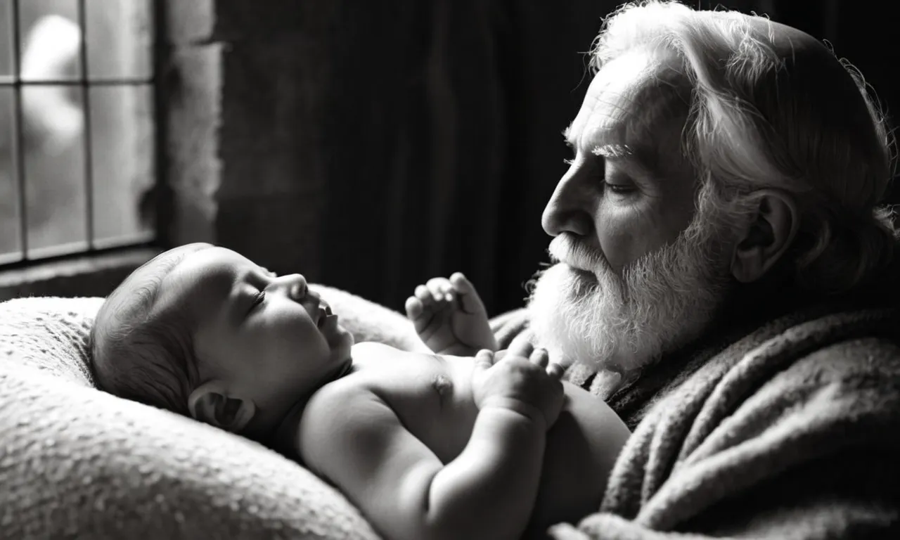 In a timeless monochrome frame, Simeon, his aged hands trembling, gazes with awe and reverence at the infant Jesus cradled in Mary's arms.