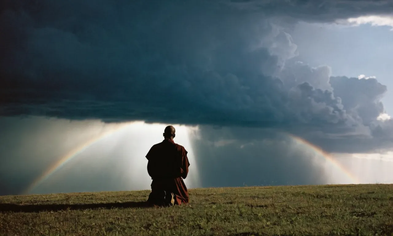 In the photo, a ray of sunlight pierces through dark storm clouds, illuminating a humble figure kneeling in prayer, symbolizing the immense power and guidance that Jesus provides even in the midst of life's storms.