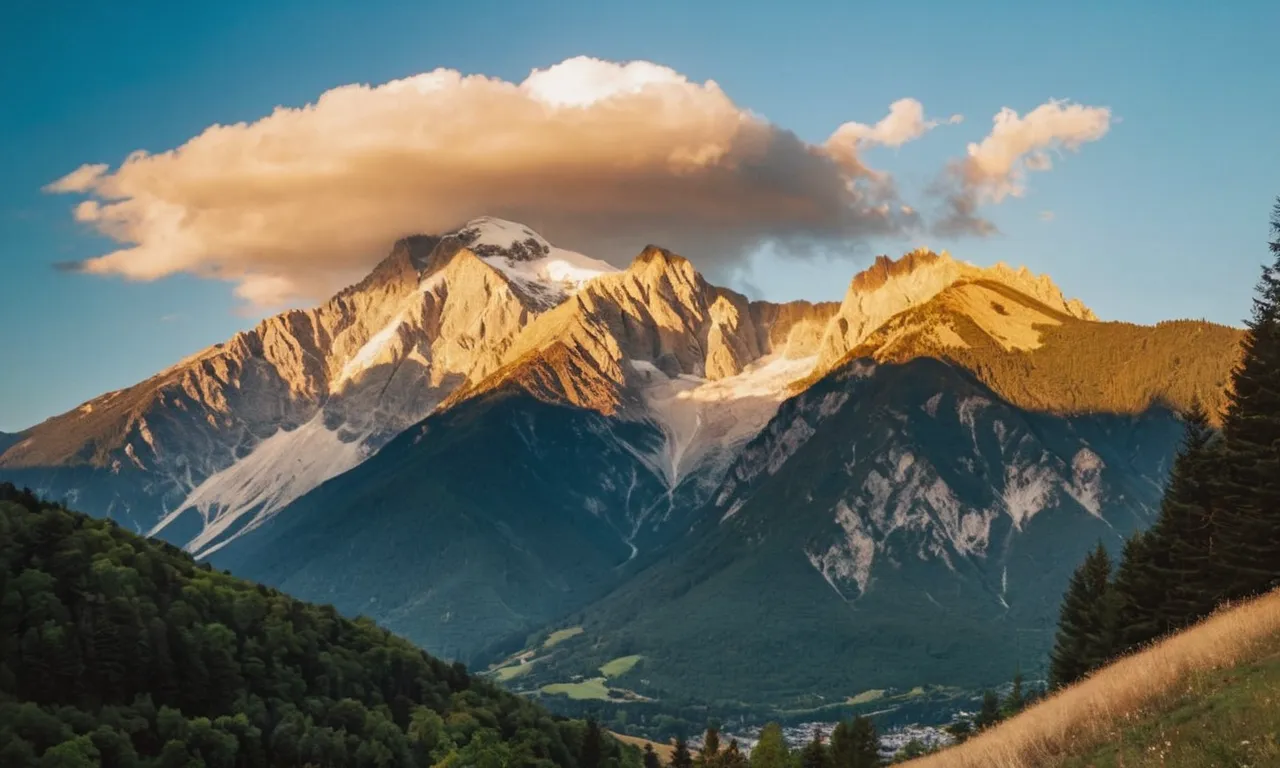 A majestic landscape photo capturing the towering peaks of Mount Olympus, bathed in golden sunlight, symbolizing the mythical realm of Zeus and his towering presence as the king of gods.