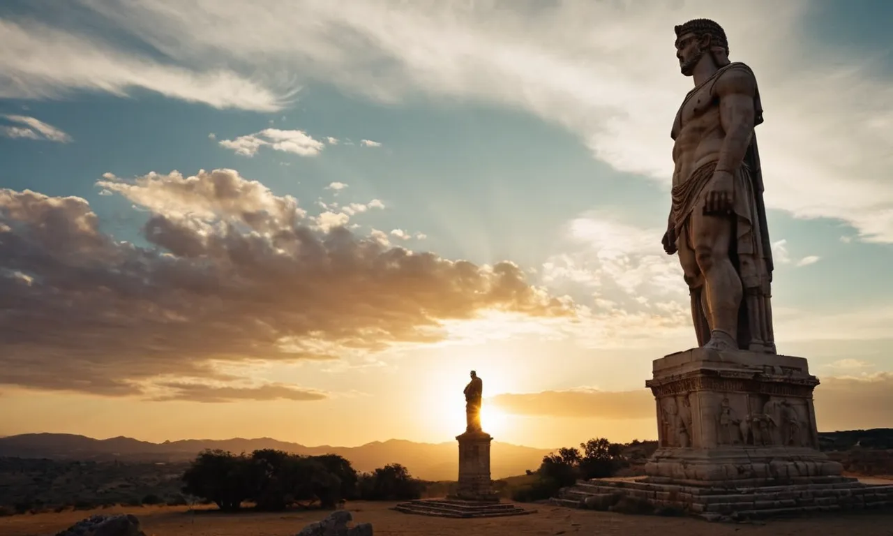 The photo captures a stunning sunset over ancient ruins, with a lone figure standing beneath a towering statue of Goliath, creating a sense of awe and wonder at his immense height mentioned in the Bible (KJV).