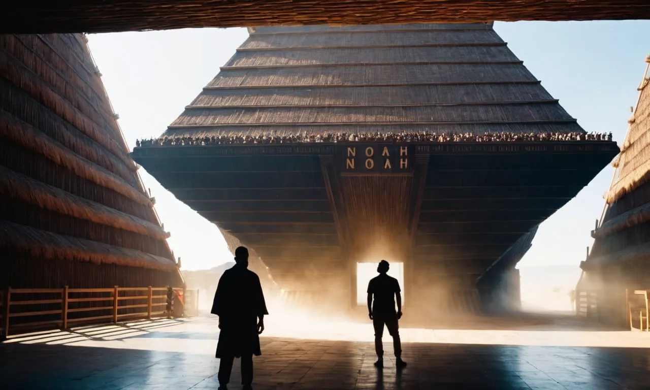 A captivating photo shows an awe-inspiring silhouette of Noah standing beside the colossal Ark, highlighting the scale of its immense height, echoing the biblical account of his towering presence.