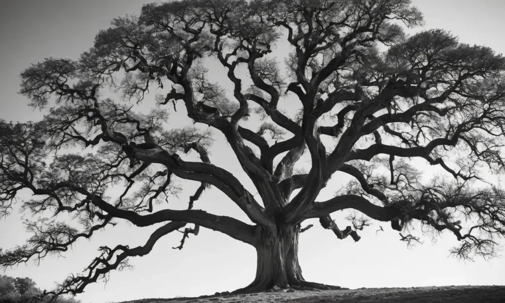 A stunning black and white photograph captures a towering ancient tree, symbolizing the magnitude of Og's legendary stature mentioned in the Bible.