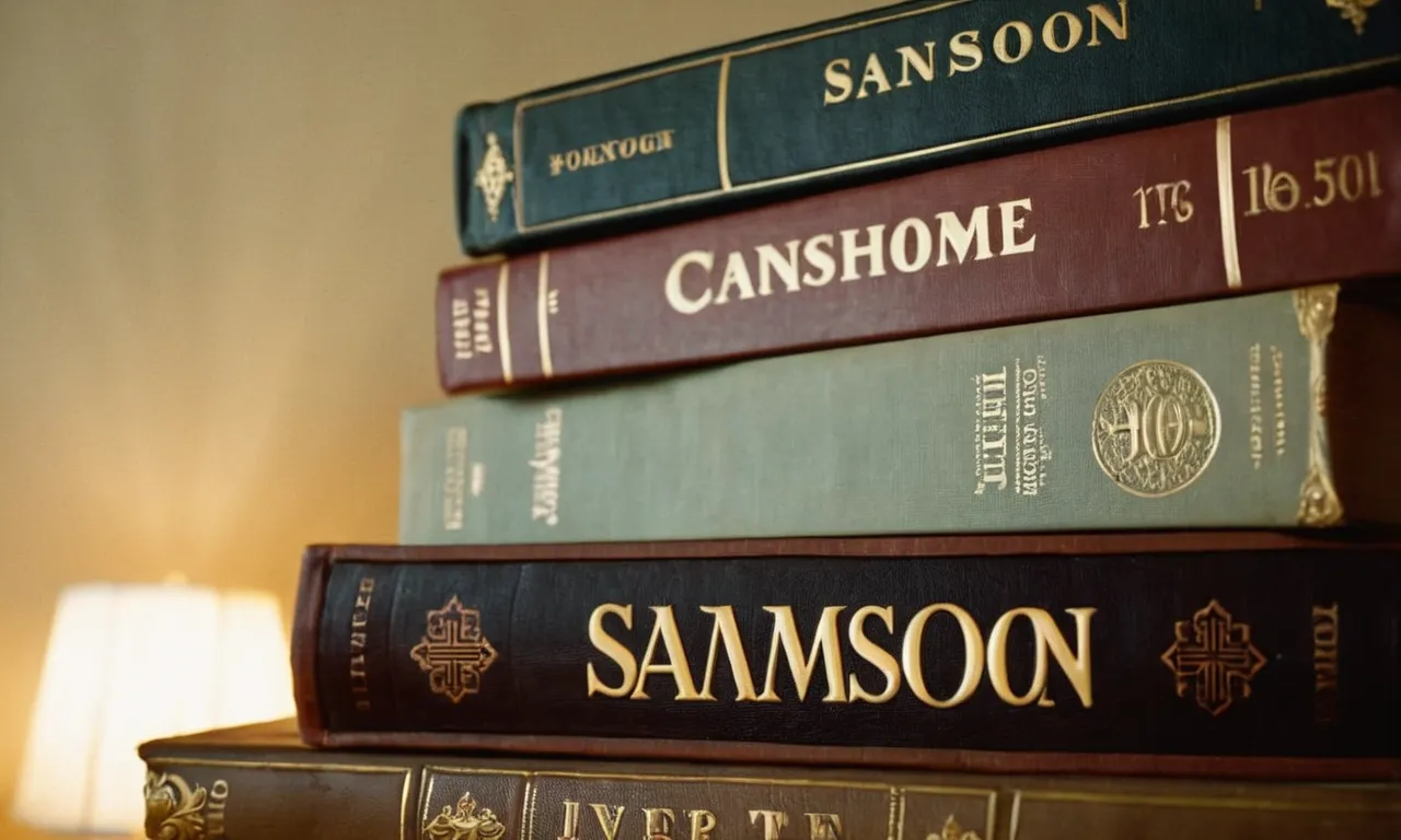 A close-up shot of a towering stack of books, with the Bible prominently placed on top, symbolizing the quest for knowledge and the search for answers about Samson's height.