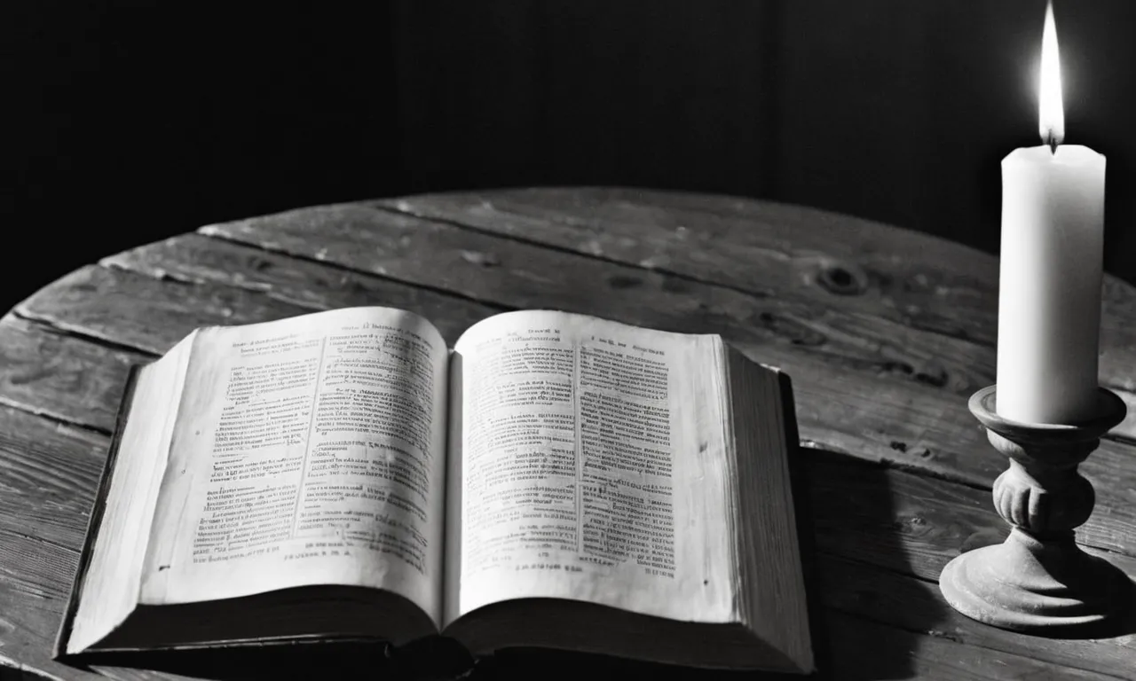 A black and white photograph of an ancient scripture book open on a wooden table, with a dimly lit candle casting shadows on the pages, representing the fate of the disciples of Jesus.