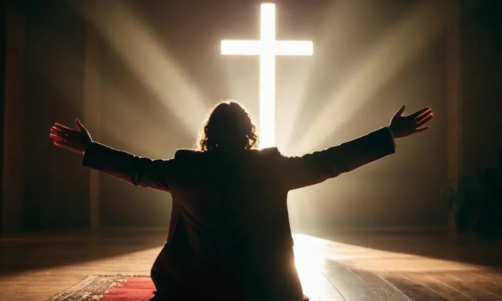 A photo capturing a person with outstretched arms, surrounded by light, as they kneel in prayer, symbolizing the moment of surrender and acceptance of Jesus as their savior.