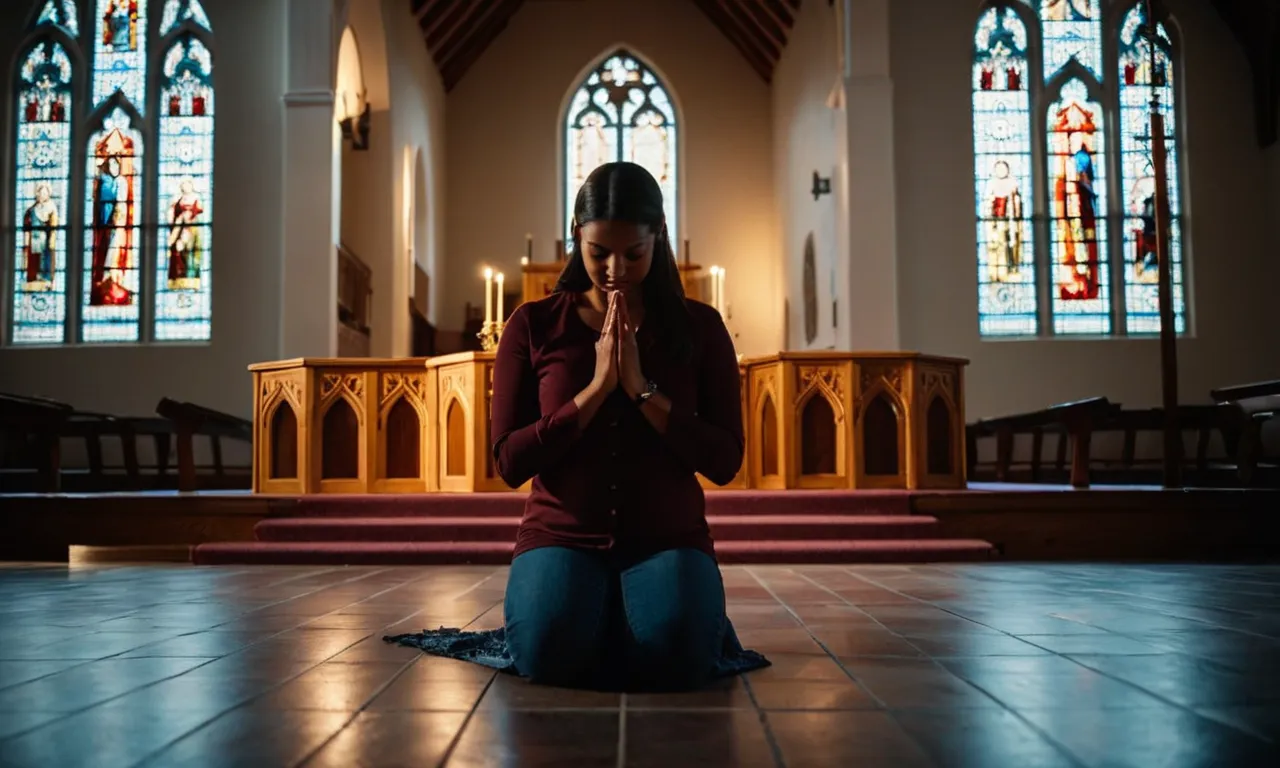 A photo of a person kneeling in a dimly lit church, hands clasped in prayer, with a soft glow from a stained-glass window illuminating their face, conveying a heartfelt plea for divine intervention.