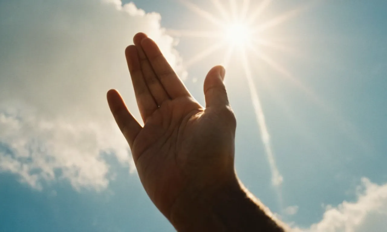  A humble, outstretched hand reaches towards the heavens, bathed in golden light, as a figure beseeches God's grace and guidance amidst a backdrop of infinite possibilities.