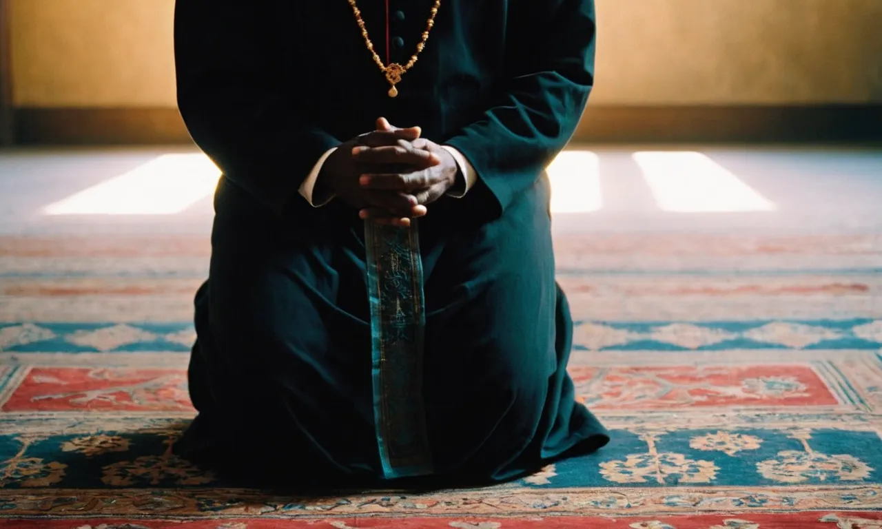 A photo capturing a humble figure kneeling in prayer, bathed in ethereal light, hands clasped in devotion, symbolizing the essence of being a servant of God.