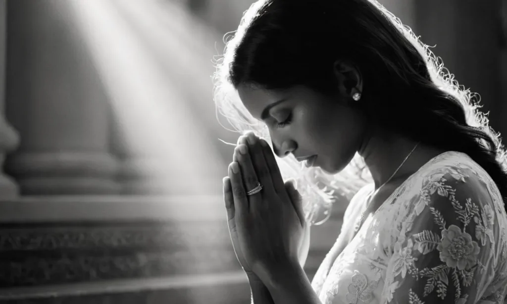 A black and white photo captures a woman kneeling in prayer, bathed in ethereal light, her hands clasped in devotion, embodying the essence of a woman of God.