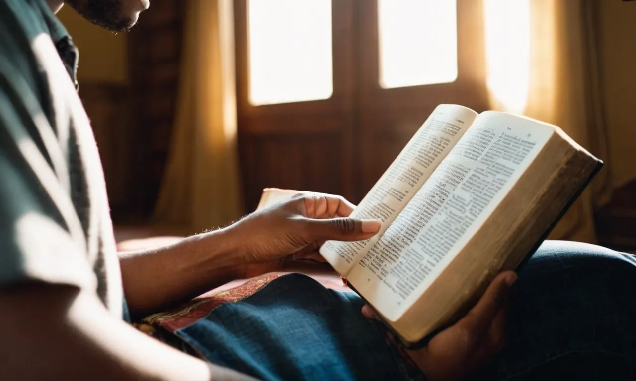 A photo capturing a person reading the Bible with a serene expression, illuminated by a soft ray of sunlight, symbolizing their connection and being filled with the Holy Spirit.