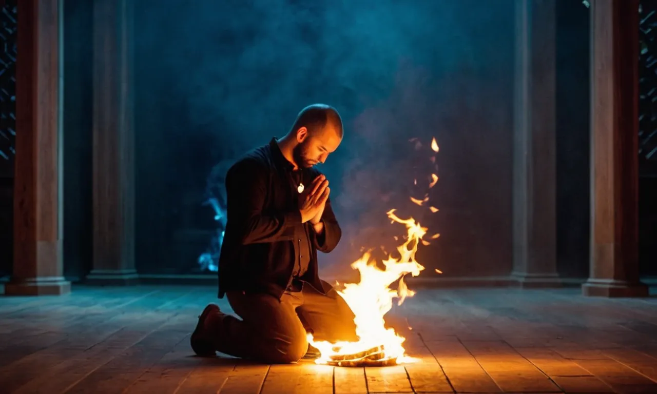 A vibrant image capturing a person kneeling in prayer, surrounded by flickering flames, symbolizing their intense passion and devotion to God.