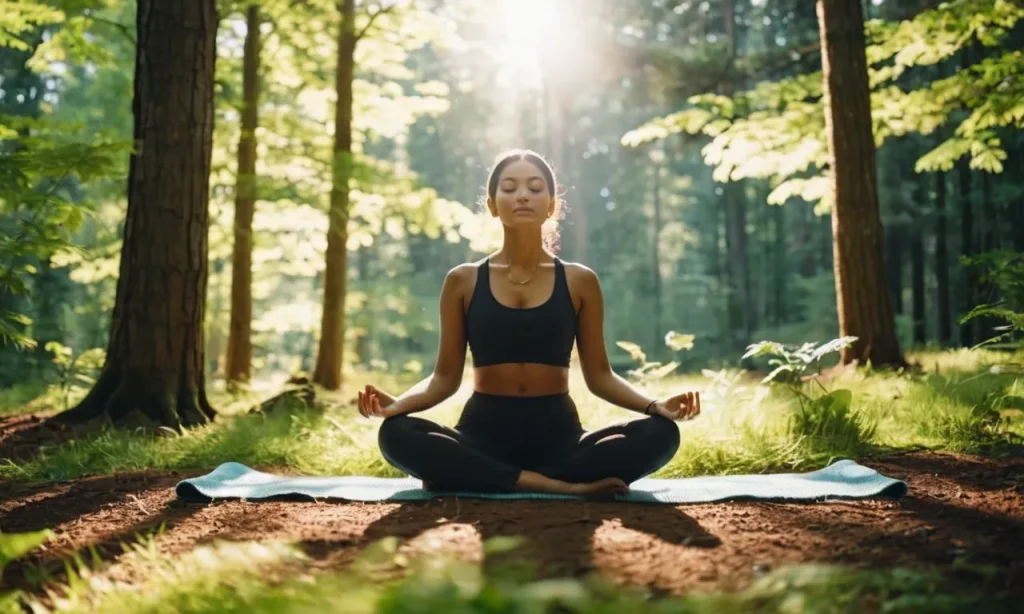 A serene photo of a person meditating in a sunlit forest, surrounded by vibrant greenery, capturing the essence of finding inner peace and deepening one's spiritual connection with God.