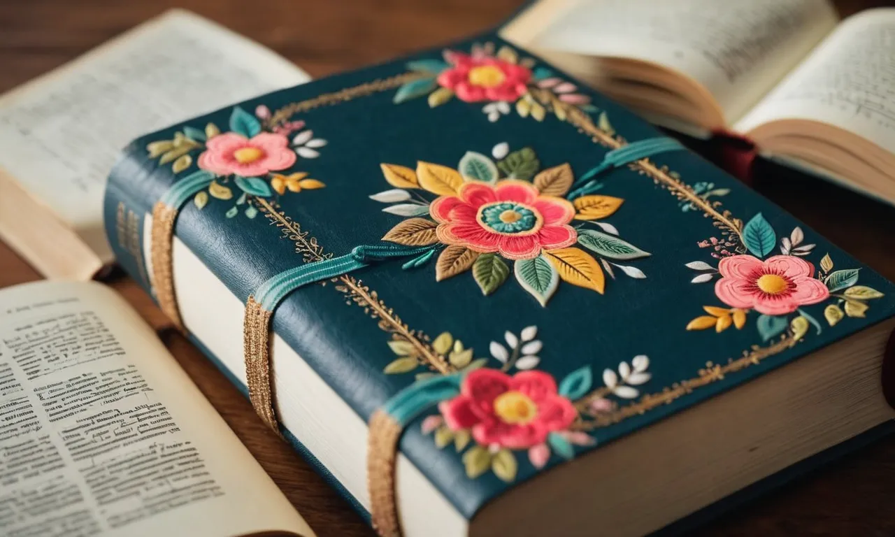 A close-up shot capturing a beautifully adorned Bible with colorful illustrations, hand-lettered notes, and artistic doodles, serving as a beginner's guide to Bible journaling.