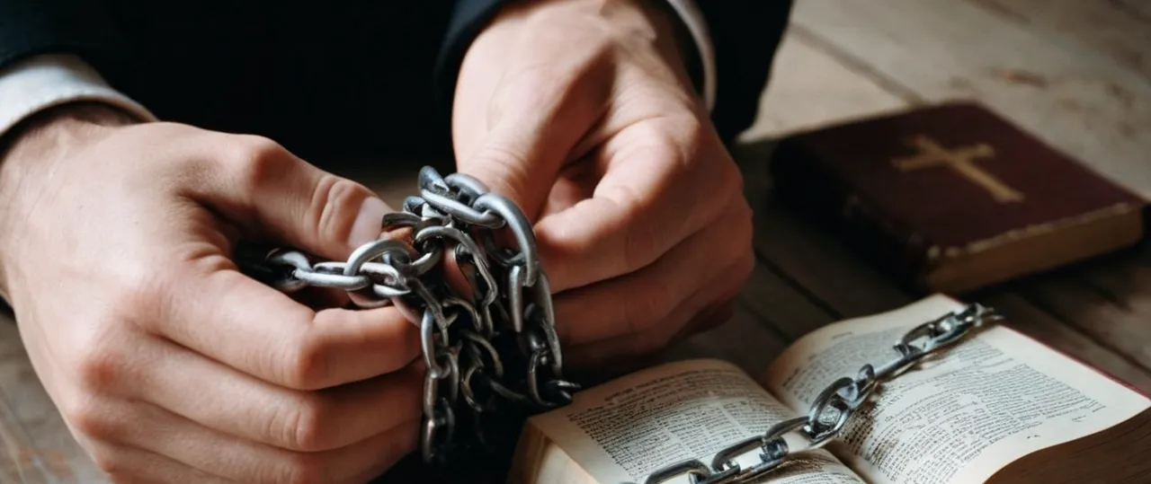 A photograph capturing two hands tightly bound with chains, representing the struggle to break soul ties, while a Bible lies open nearby, symbolizing the power of Christian faith in overcoming such bonds.