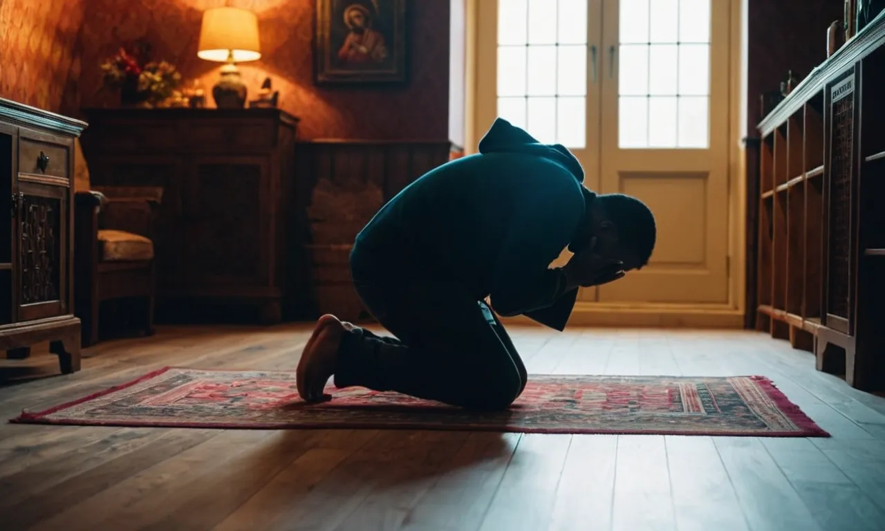 A photo of a person kneeling in a dimly lit room, hands clasped in prayer, conveying a deep connection and devotion to God.