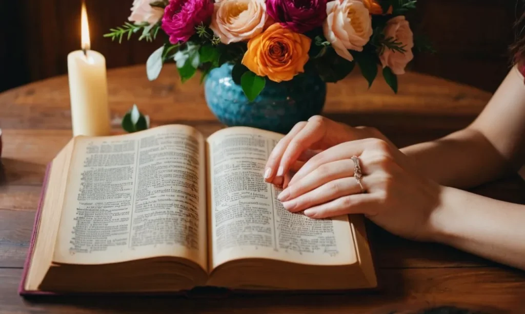 A photograph capturing hands gently arranging vibrant flowers, sacred scriptures, and flickering candles on a wooden table, creating a serene and reverent altar dedicated to God.