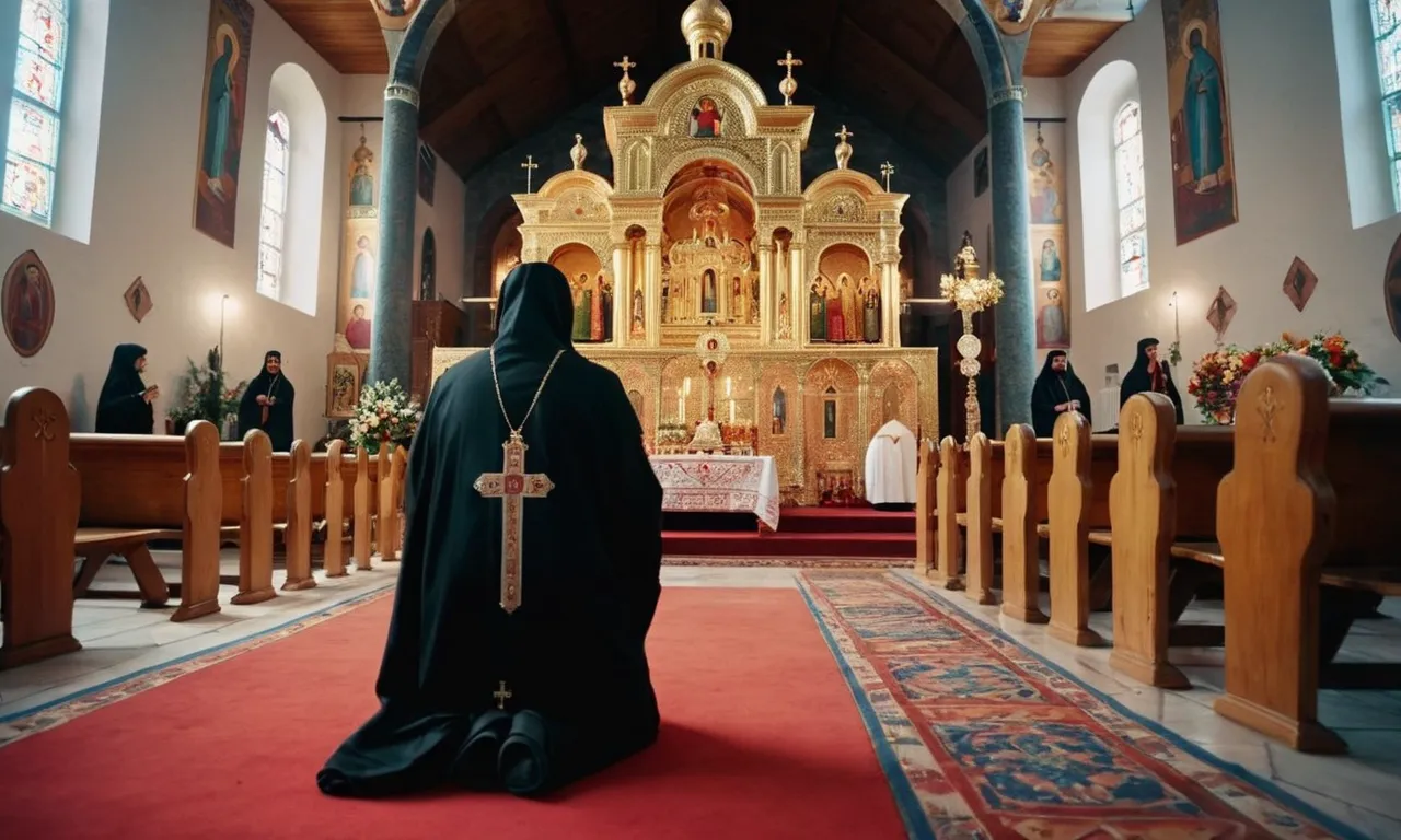 A photo capturing the serene beauty of an Orthodox church, adorned with vibrant icons, as a person bows before the altar, symbolizing their journey towards converting to Orthodox Christianity.