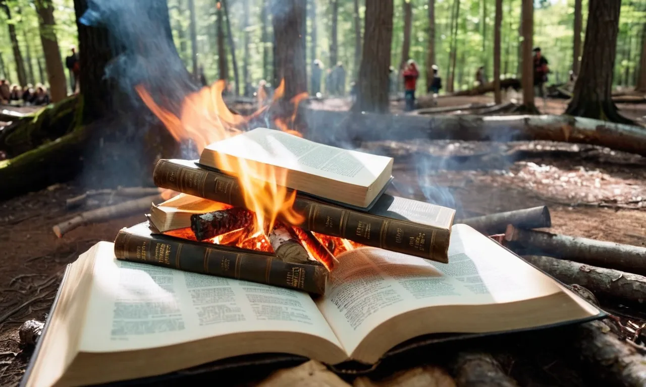 In a serene forest clearing, sunlight filters through the trees onto a smoldering bonfire, surrounded by diverse individuals, respectfully releasing pages from a Bible, symbolizing personal growth and spiritual liberation.
